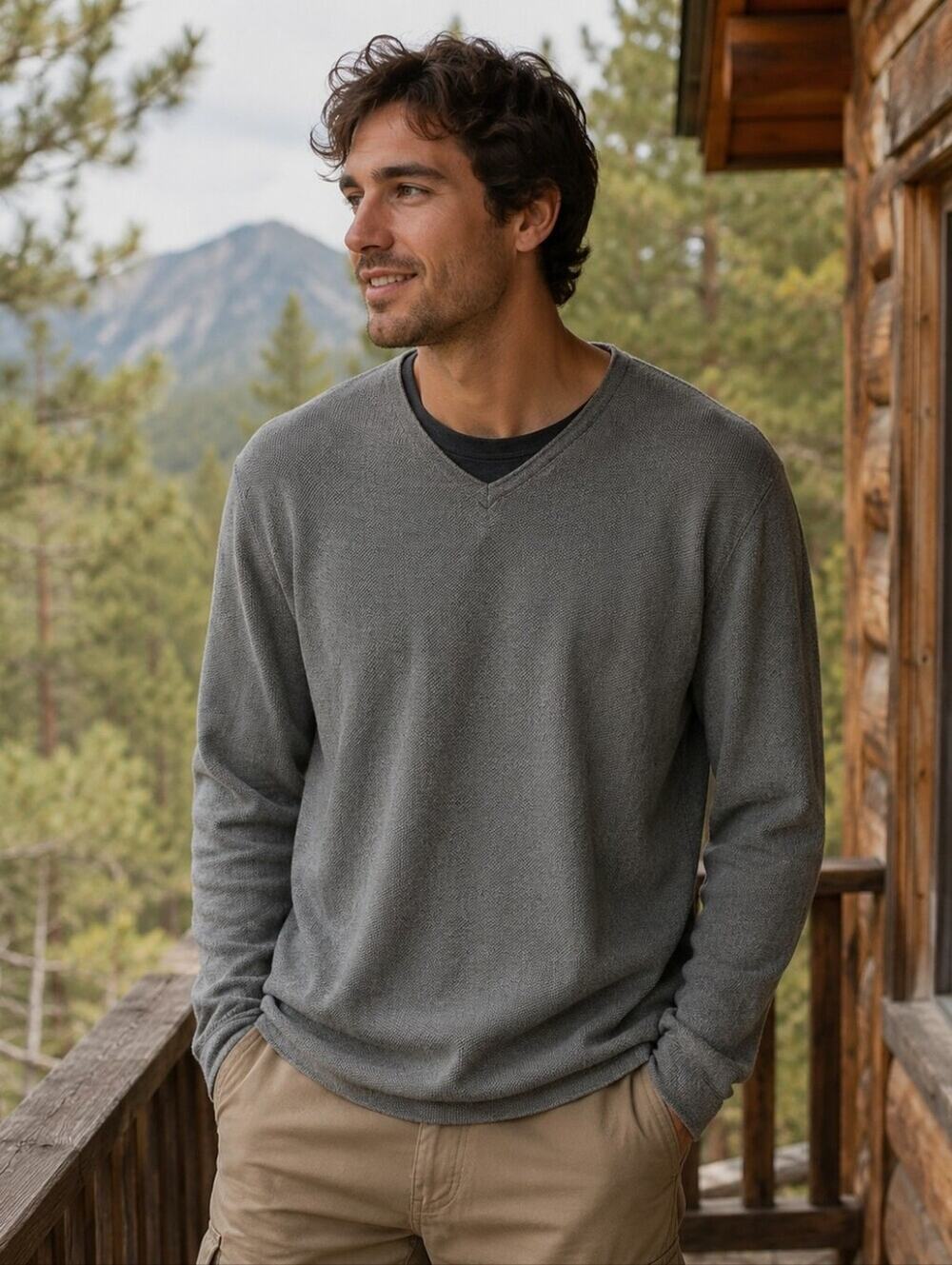 Banana Republic Mens Cotton Textured V Neck Sweater Gray Casual Travel Outdoor L